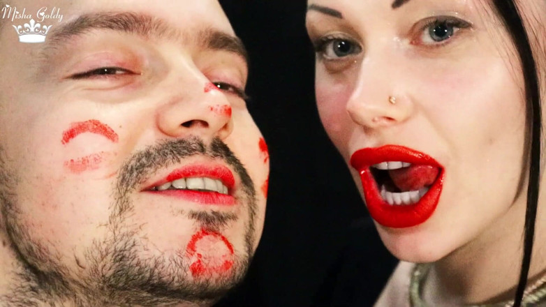 Goddess Misha Goldy: Covering Alex face with red lipsticks kisses