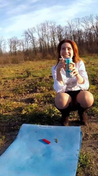 Skinny Readhead Smoking and Laughing Outdoor While Touching Her Pussy Trough Pantyhose