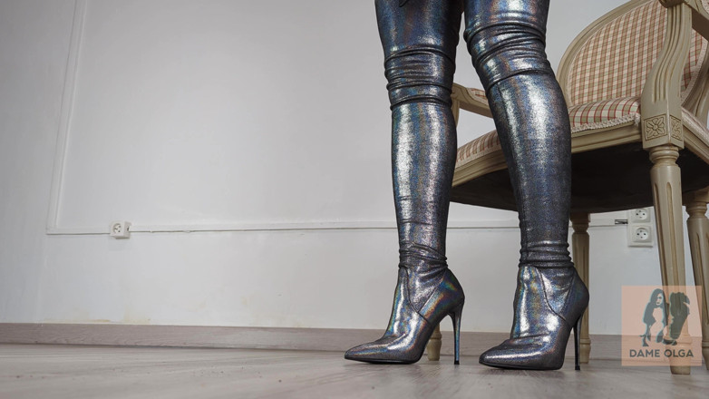 Dame Olga: Shoeplay and Walking in Holo High Heel Thigh High Boots (shoe...