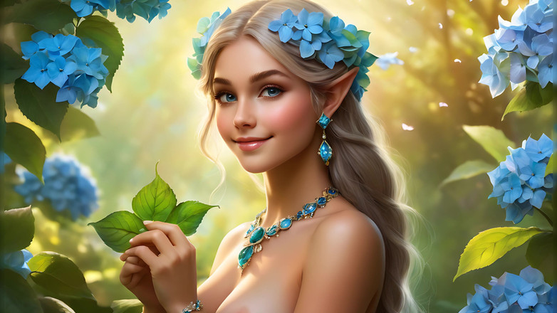 LustRender: Nackte Schönheit hält himmelblaue Hydrangea | Jade grüne Diamant Eleganz | Künstlerische...