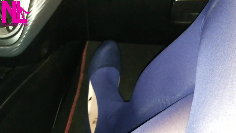Nyllady: Dangling in Blue Pantyhose and Blue Flats on a Gas...