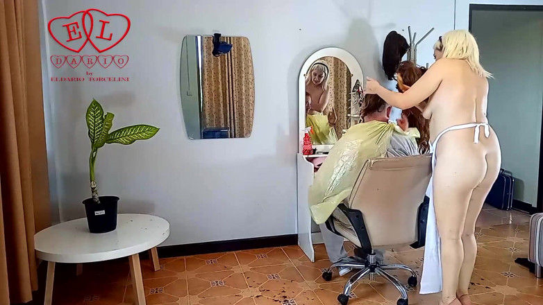 Strange stepfamily: Nudist barbershop. Nude lady hairdresser in an apron. camera 1