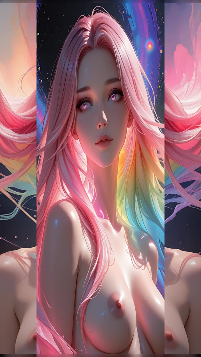 VelvetInk Studio: Duhová kosmická kráska se zářícími růžovými očima fantasy Portrét Ai...