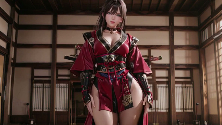 Seraphina Vale: Crimson Samurai! Rothaarige Kriegerin kniet in der sonne