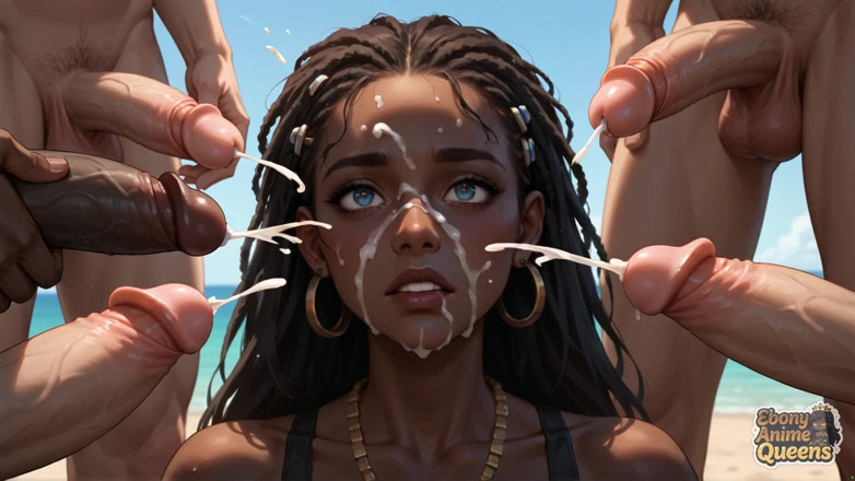 Ebony Anime Queens: Sunlit Beach Oral Desire med den hetaste smutsiga ebenholts, allra...