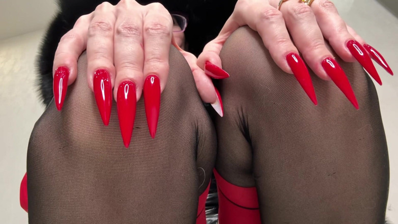 Julia domaina: Red Long Nails, Claws and Fur, Red Underwear, Stockings with...