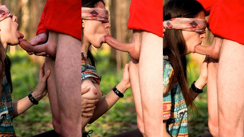thelazycouple: Passionate Brunette Sucks Cock in the Woods and Swallows Cum