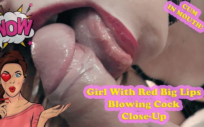Deepthroat Queen: コックを吹く赤い大きな唇を持つ女の子 クローズ アップ
