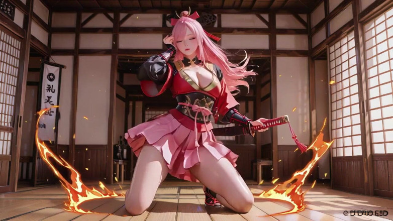 Seraphina Vale: Crimson Samurai! นักรบผมสีชมพูคุกเข่าบนเสื่อทาทามิ ชุดกิโมโนมีร่องสูงลื่นเพื่อเผยให้เห็นต้นขาที่เต็มไปด้วยหิมะ