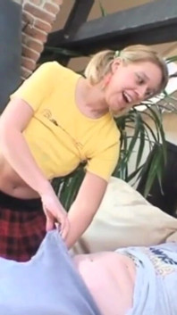 The old man does gymnastics to lose weight and the girl in a miniskirt helps him with a fuck