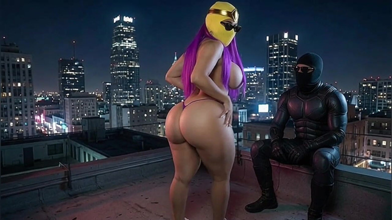 Animate golden: Petite Big Ass Purple Superheroine Twerking on the Rooftop