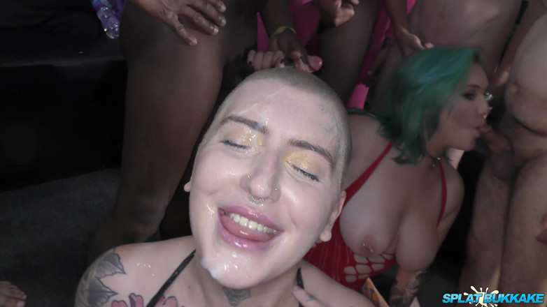 Gangbang team: Wild Tattooed Whores Taking All the Cum From a Group...
