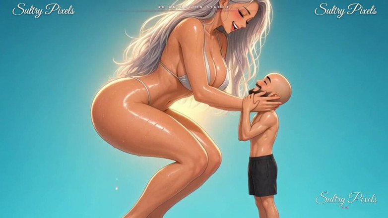 Sultry Pixels 3D: Giant Silver-haired Anime Babe Squats Down to Kiss Her Tiny...
