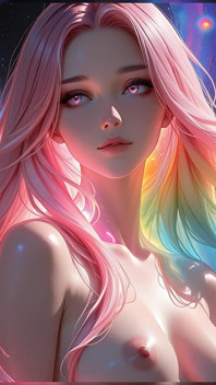 Tęczowe kosmiczne piękno ze świecącymi różowymi oczami fantasy portret Ai Pokaz sztuki