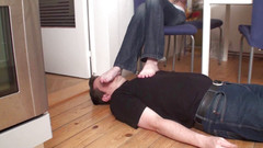Foot Girls: Foot smelling on the ground of kitchen floor
