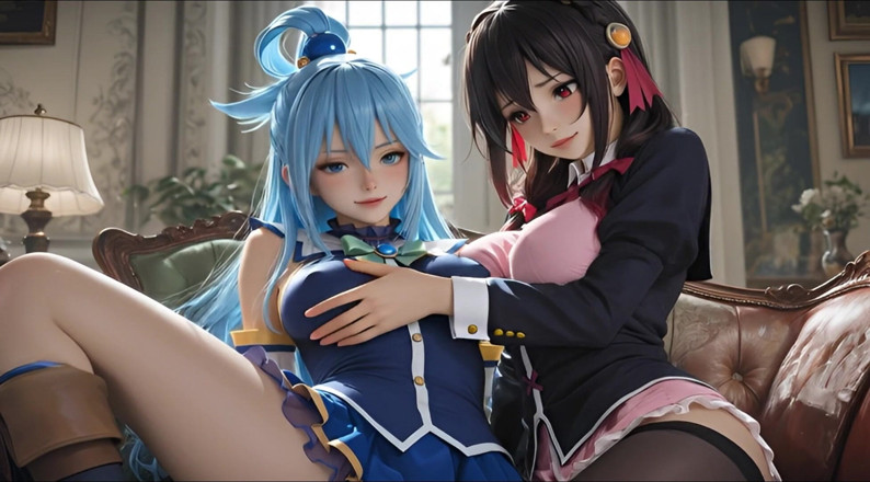 Iani media: SFW Aqua и Yunyun из Коносубы софт-шоу, прикосновение и поцелуи лесбиянок