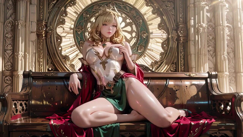 Seraphina Vale: 黄金の女王が到着!緑がかった金色の鎧の下で神聖な誘惑、ひざまずき、指を唇に当てて見返す。