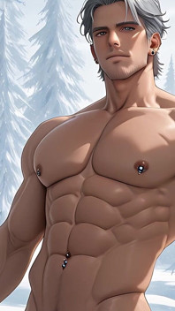 Mature Silver Fox Model Standing Nude in Glass House Winter Wonderland