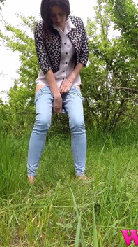 Skinny Desperate Girl Pee in the Grass in the Forest