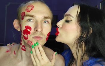Sticky Juicy Red Lipstick Kisses All Over His Face