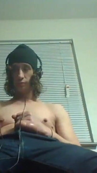 Headphones & Beanie on; Barechested and Stroking Lazily to Porn
