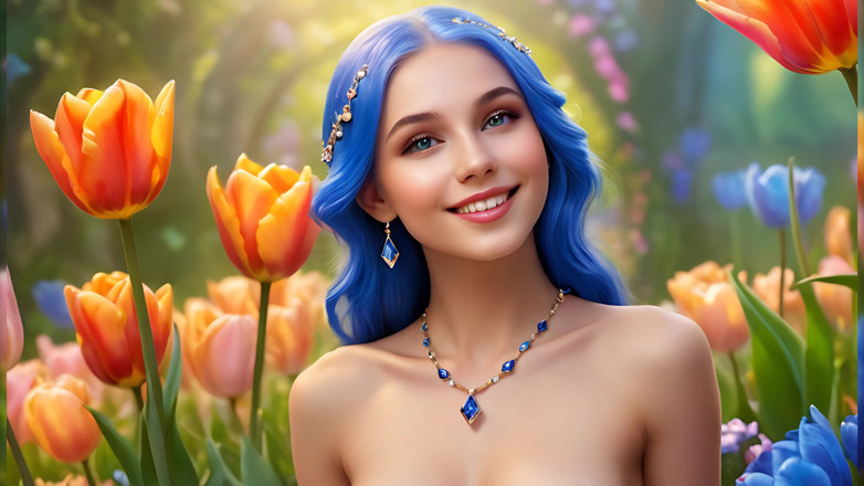 LustRender: 12. Segurando tulipa com um sorriso, vestindo jóias de diamante...