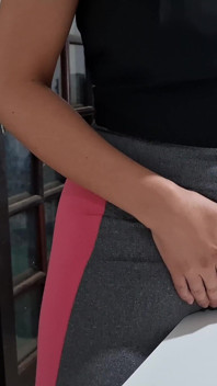 Masturbating Her Camel Toe on the Table with the Neighbor's Help