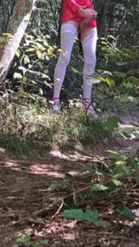 Outdoor Exhibition In The Woods Pink Heels White Stockings And Latex Mini Skirt