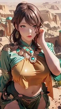 Green Gold Queen Coronation! Lazy Side-lying in the Desert Palace, Fingers Teasing Hair and Veil, Sun-kissed Skin Glistening.