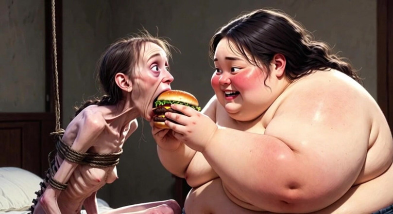 YOUR BEST FANTASY: Skinny Girl Getting Fed by Huge Fat Woman - Contrast Feeding...