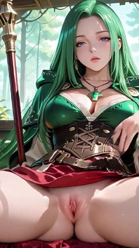 고딕 대성당의 미묘한 푸른 빛 아래, 그녀는 그녀의 직원과 함께 무릎을 꿇고, 눈이 당신을 고정.