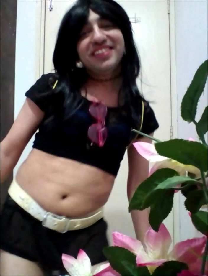 Cute & Nude Crossdresser: Sweet sissy crossdresser in sexy black crop top and short...