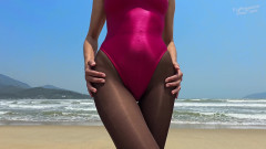 Shiny teens: 848 4K Shiny W and Spandex Swimsuit on the Beach