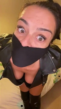 Latina in Leather Boots and Full Leather Outfit Tied Tight and Wrap Gagged (smaller Size)