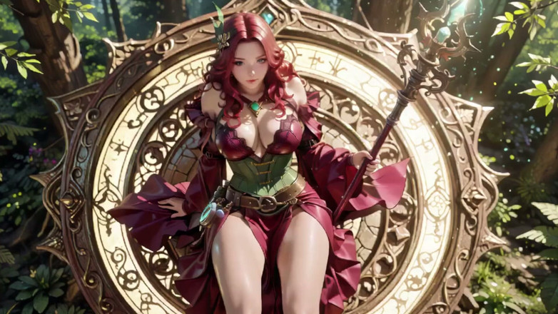 Seraphina Vale: Red Haired Sorceress Awakens! Kneeling in the Gothic Cathedral, Golden...