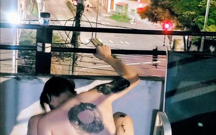 SlutClosetedfag: Exhib Dildo Fuck on the Balcony