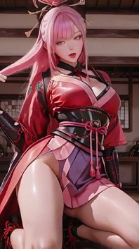 Crimson Samurai! Pahlawan berambut merah jambu melutut di Tatami, Kimono langsing tinggi terliur ke peha Snowy Dedah.