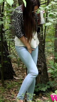 Skinny Brunette in the Woods Desperate to Pee Wet Her Pants