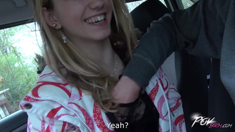 POV Bitch: Petite skinny blonde teen suck cock under steering wheel and...