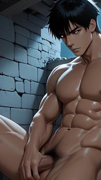 East Asian Handsome Boy Jerking in Library Toilet Under Moonlight Ruins