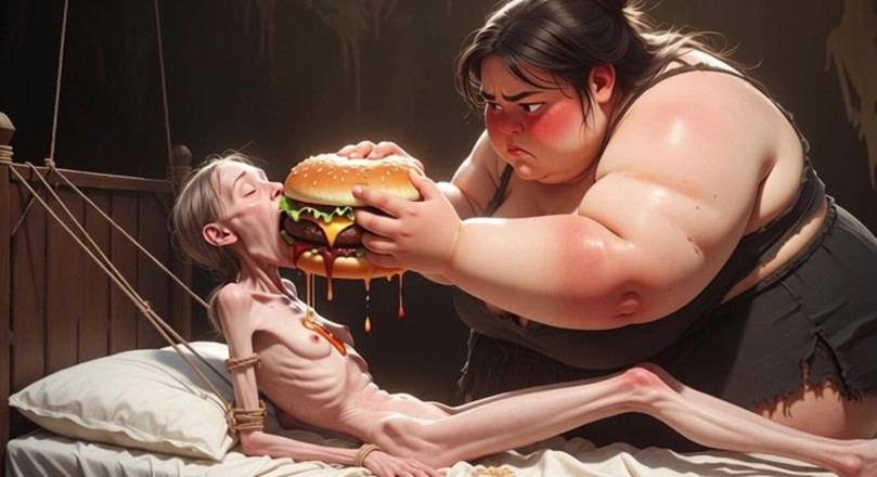 YOUR BEST FANTASY: Extremely Skinny Girl Fed by Massive SSBBW - Extreme Feederism Contrast