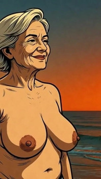 Dibujos animados, grandes tetas, playa madura