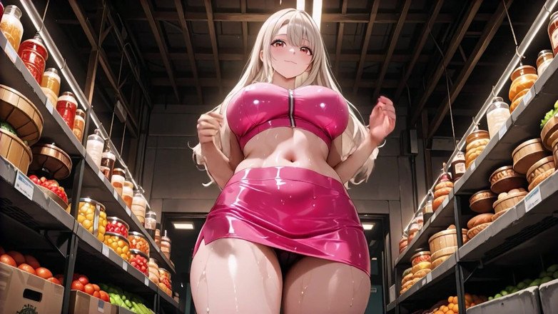 Tay Swift X: Horny Blonde Sweetie in Grocery Store – Pink Latex Mini Skirt...