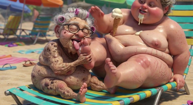 Anime Hentai: Elderly Granny Passionately Sucking BBW Feet on the Beach