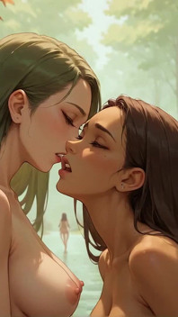 Dos encantadoras reinas de ébano corriendo en rivulets, verde y azul se enredarán en una apasionada chica con chica xxx