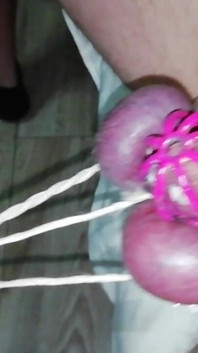 Sissy in Chastity CBT Balls Tied and Stretched Until They Turned Purple