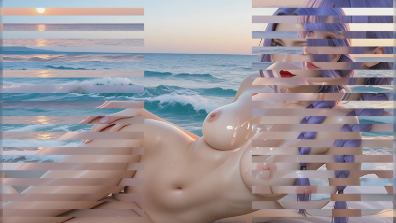 LustRender: Beautiful Nude Woman with Violet Braided Ponytail Slow Lotion Caress