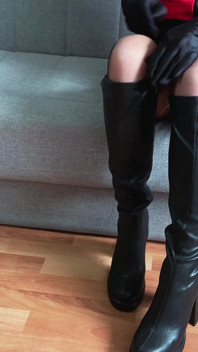 Leather Boot Babe in Stockings Takes Massive Cumshot on Boots