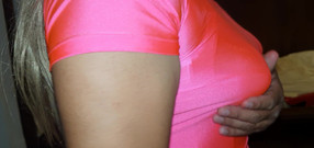 Sexy shinny clothes: Super Shinny Pink Top and Pointy Boobs, 90s Workout Clothes