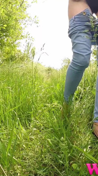 Full Bladder Skinny Brunette Pissing in the Woods in the Tall Grass
